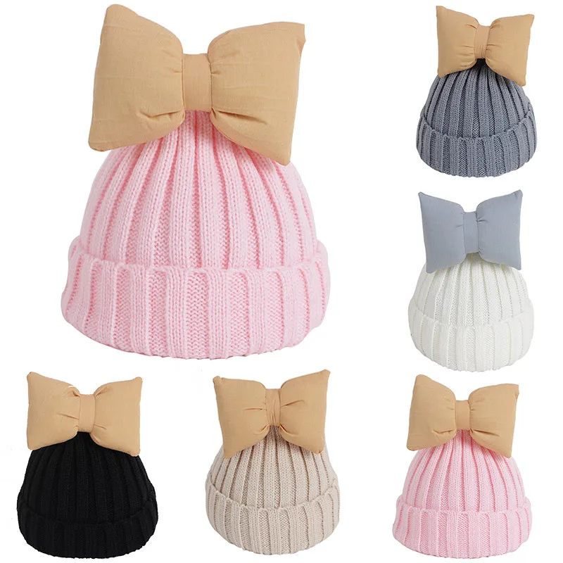 

Baby's Caps Cute Big Bowknot Autumn Winter Warm Woolen Knit Hats Newborn Infant Children Elastic Hat For Boy Girl 0-3 Years
