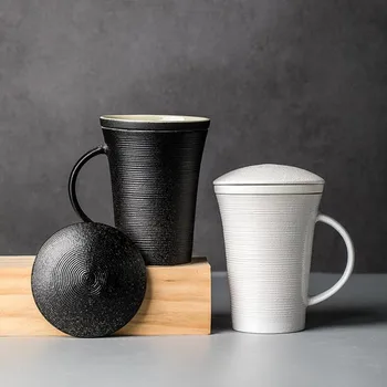 

Large Capacity Creative Mug With Lid three-pieces set Custom Ceramic Filter Cup With Liner Simple Coffee Mug Travel Office Cup