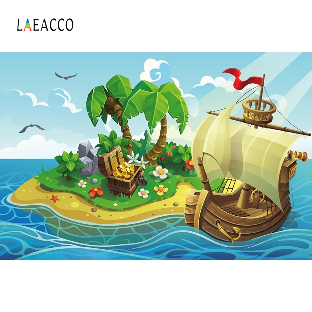 Laeacco Sea Beach Palms Trees Treasure Pirate Ship Baby Party Photography Backgrounds Customized Photo Backdrop For Photo Studio