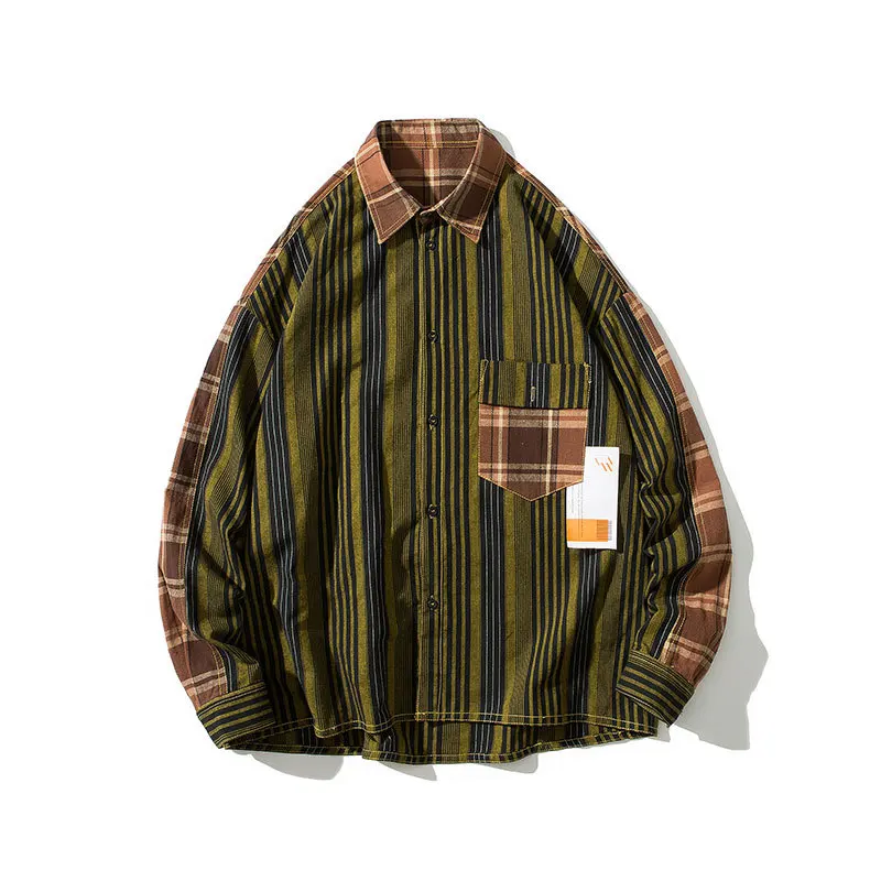 

2019 Autumn camisa Teenagers Leisure Time Lattice Stripe Spelling Material long sleeve Shirt Loose Coat Trend Chinese Style