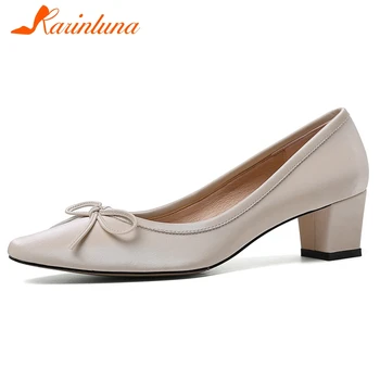 

Karinluna 2020 New Arrivals High Quality Sheepskin Concise Pumps Woman Shoes Slip On Chunky Heels Sweet Bowtie Shoes Women Pumps