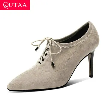 

QUTAA 2020 Cow Suede Quality Women Pumps Fashion Thin High Heel Lace Up Women Shoes Sexy Pointed Toe Ladies Stilettos Size 34-39