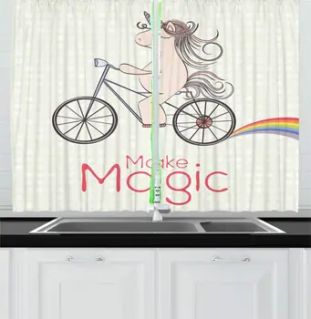 

Champagne Ivory Saying Kitchen Curtains Make Magic Typography Unicorn Bike Rainbow Polka Dot Background Window Drapes