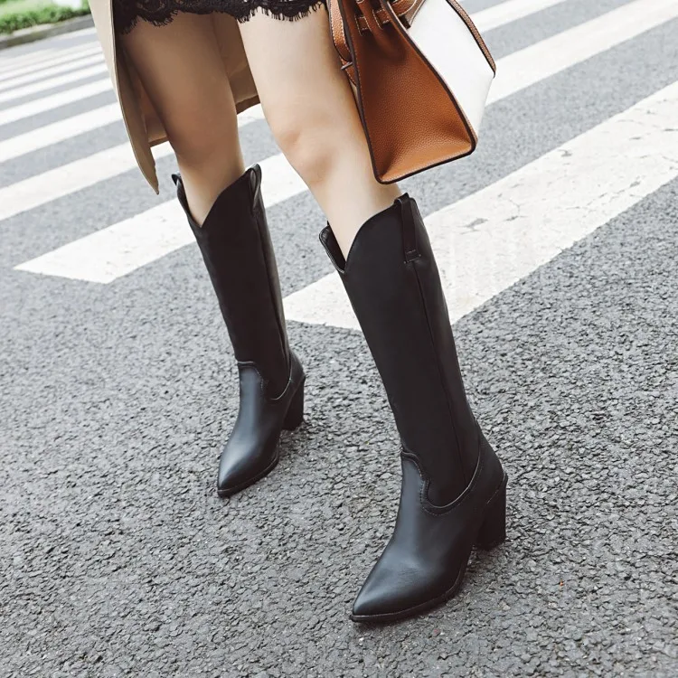 Leather Embossed Microfiber Leather Women Boots Pointed Toe Western Cowboy Boots Women Mid-calf Chunky Wedges Boots Runway