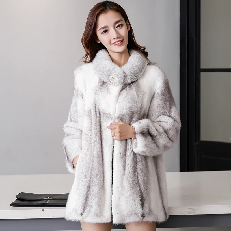 Норковая шуба аккуратное меховое пальто крест Женская одежда Верхняя одежда куртка пальто длинный воротник - Цвет: Многоцветный