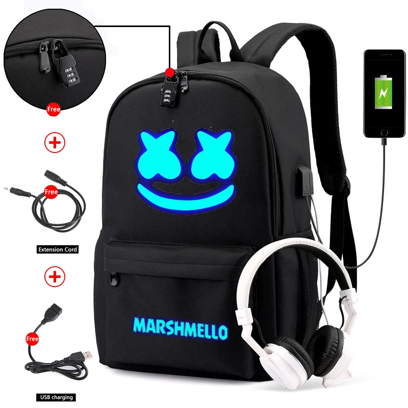 DJ Marshmello Противоугонный светящийся брезентовый водонепроницаемый рюкзак для