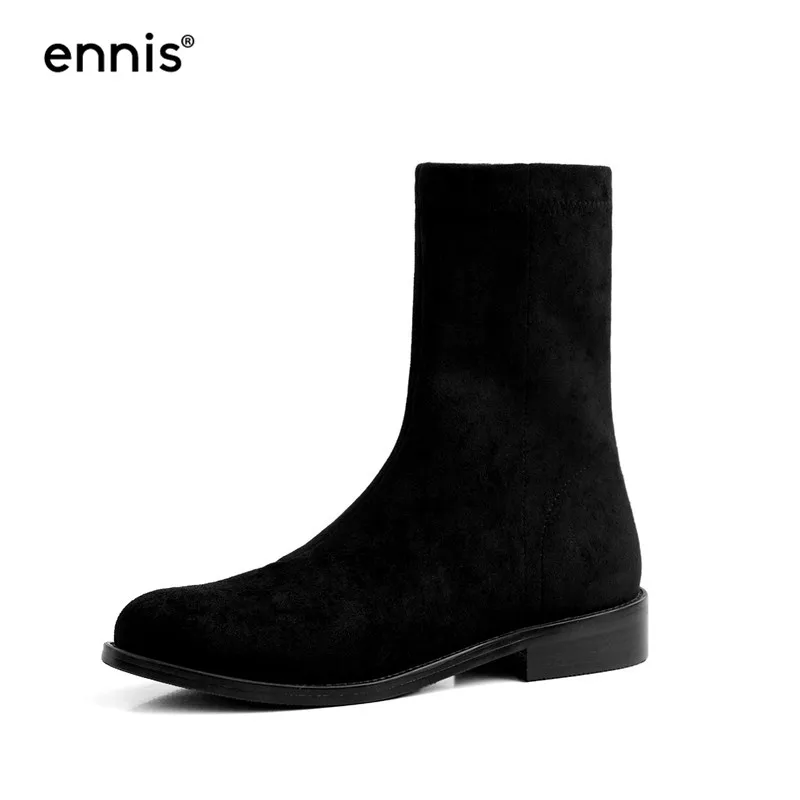 ENNIS/ г. Модные ботинки на плоской подошве женские ботинки до середины икры из черной лакированной кожи дизайнерские ботинки из замши на низком каблуке Осенняя женская обувь, A9164 - Цвет: Suede