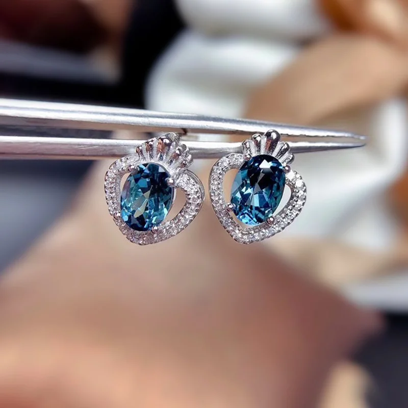New Trendy Crown Shaped Stud Earrings for Women with Oval Blue CZ Stone Gorgeous Bridal Wedding Engagement Party Jewelry | Украшения и