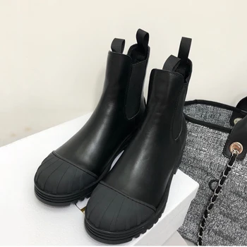 

Black Ankle Boots Brand Design Women Shoes 2020 Fashion Round Toe Rubber Sole Leather Boots