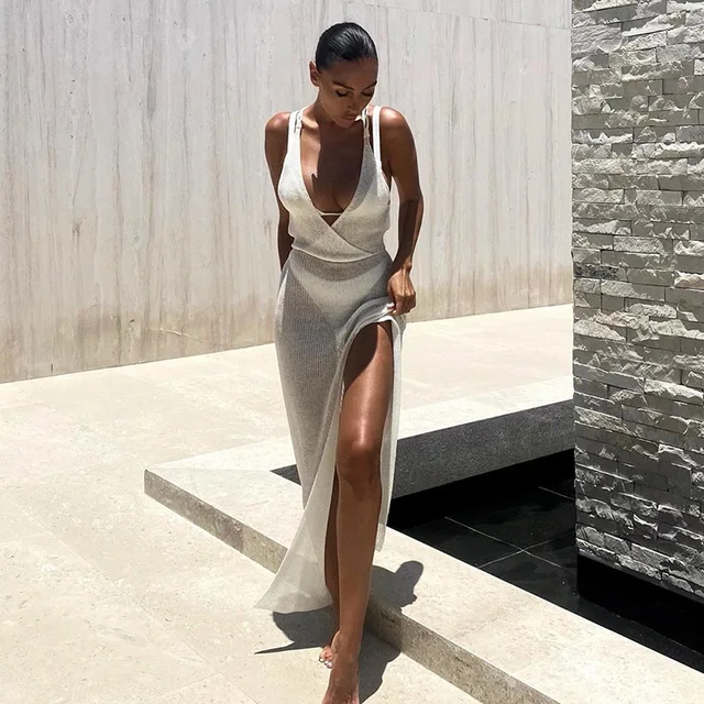 SRUBY White Sexy Beach Dress Women Hollow Out Backless Cover Up Knitted Maxi Dresses Summer See Through Side Split Sexy Dress 2