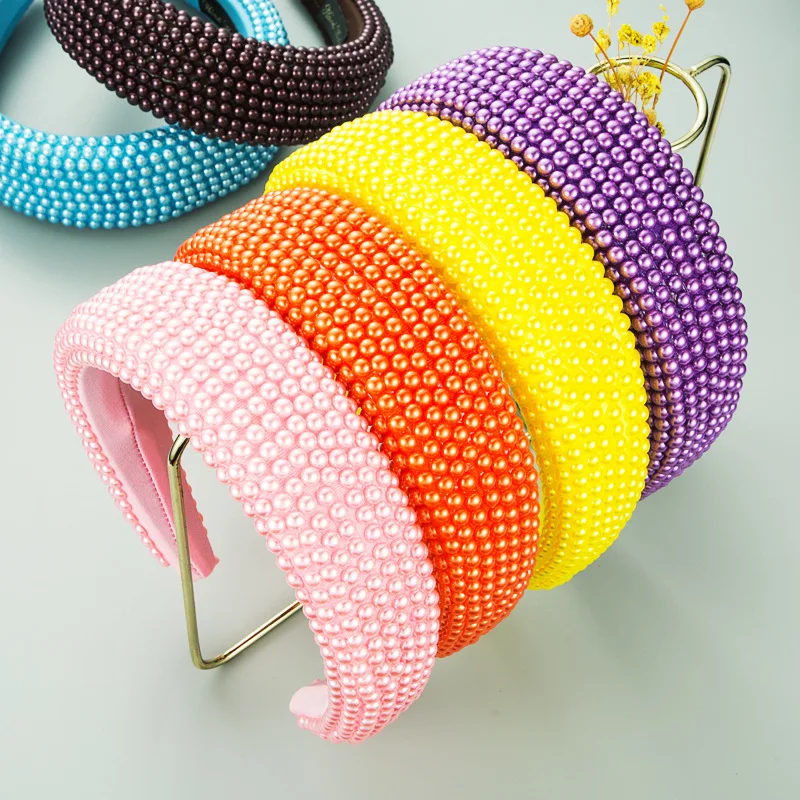 

Bling Hair Accessories Baroque Headband Full Pearl Padded Head Hoop Wide Brimmed Thicken Sponge Hair Hoop Solid Color
