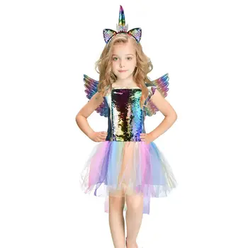 

Rainbow Color Unicorn Dress with Headband Wings Birthday Gifts Princess Skirt Party Performance Cosplay Disfraz