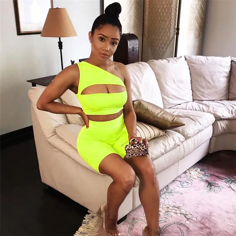 

Neon Two 2 Piece Set Women Hollow Out One shoulder Fashion Crop Tops Hot Skinny Short Streetwear Chic Lady Two Piece Outfits