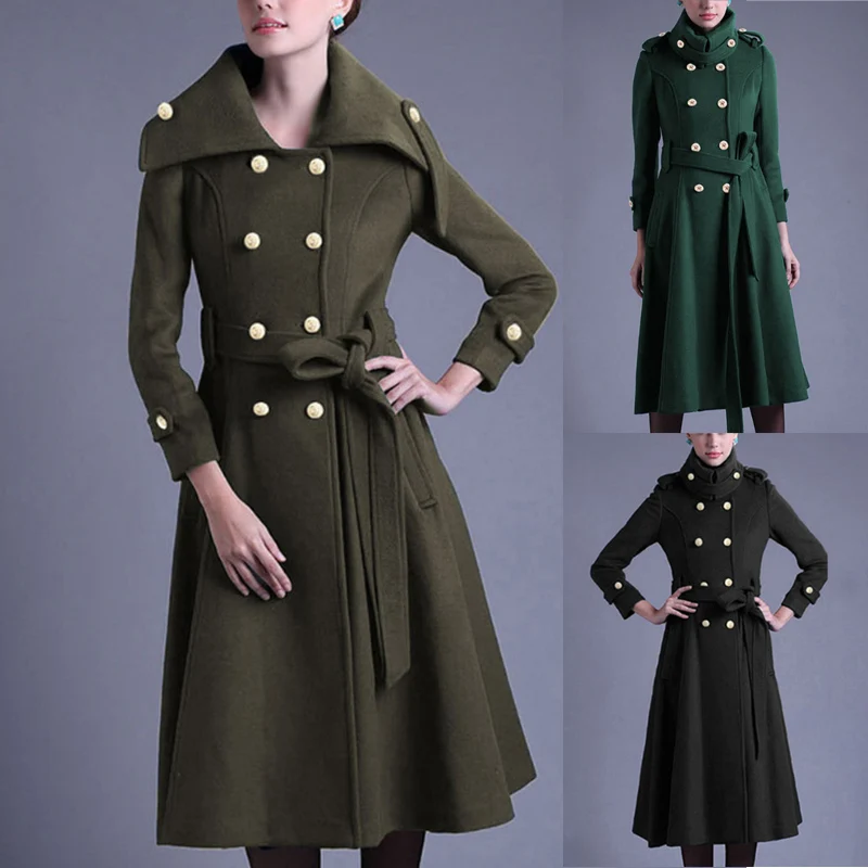 Women coat Winter Elegant Slim Lapel Overcoat fashion retro pure color long Coat Double-breasted lace up belt jacket lady fall