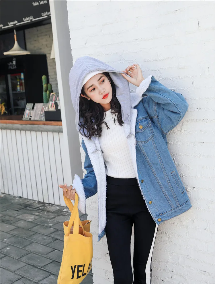 Осенне-зимнее Новое Стильное плотное джинсовое пальто свободного кроя с капюшоном в стиле знаменитостей Yang Mi Wu Yifan одежда для пар