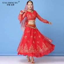 Болливуд платье костюм для женщин набор индийский танец сари танец живота наряд Одежда для выступлений шифон с длинным рукавом Топ+ пояс+ юбка