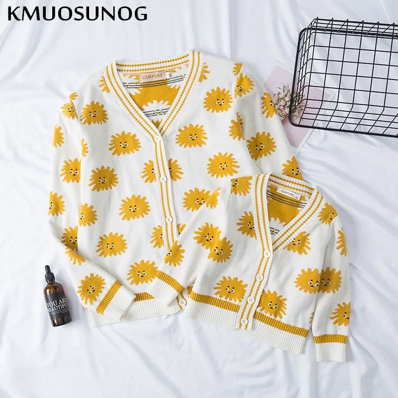 Autumn Spring mother daughter Sun daisy cardigan V-neck sweaters long sleeve Korean soft Mommy and me casual clothes family look