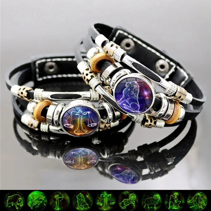 Luminous 12 Zodiac Signs Constellation Charm Bracelet for Women Vintage Handmade Multilayer Weave Snap Button Leather Bracelet