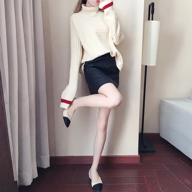 

Europe And America WOMEN'S Dress Winter Loose-Fit High Collar Sweater PU Leather Skirt Two-Piece Set Slim Fit Elegant Graceful F