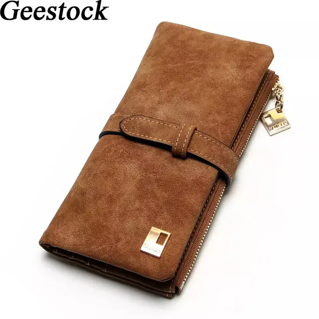Geestock Women Wallet Coin Purse PU Matte Two Fold Wallets Zipper Mobile Phone Design Card Holder Ladies Clutches Wallet Brown