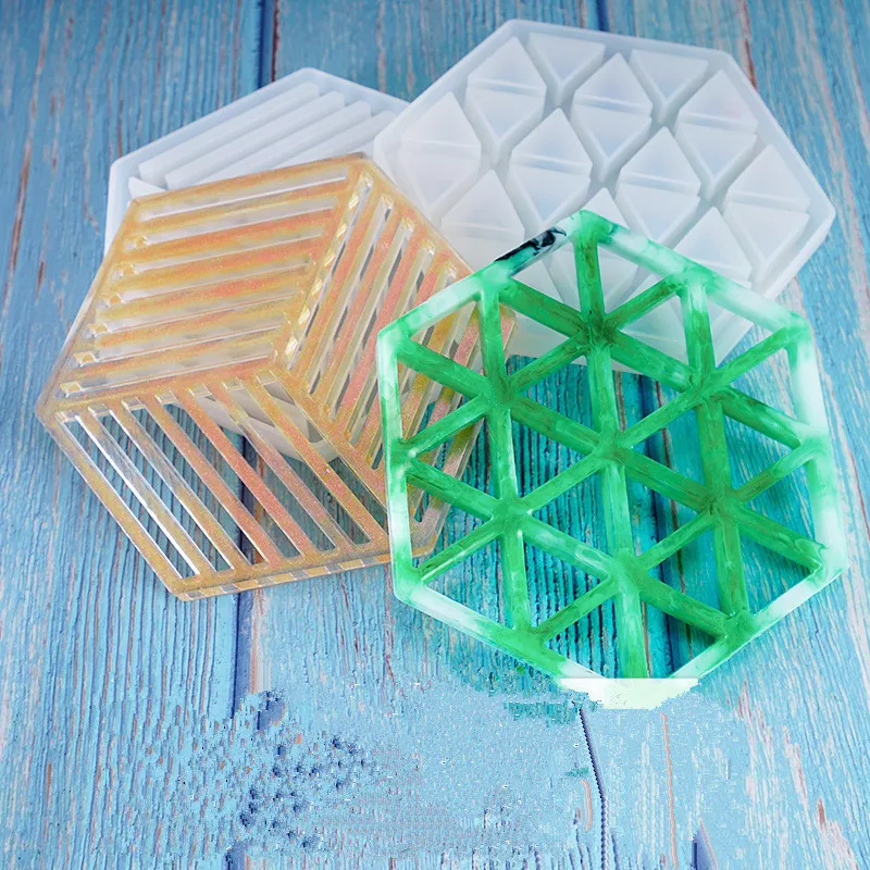 

2019 Hand made Epoxy Resin Mold Geometry Silicone Mold For Resin DIY Insulation Hollow Striped Triangle Modeling Hexagon Coaster
