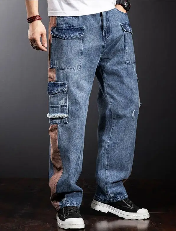 Multi-Pocket Loose Cargo Jeans Men Straight Fashion Wide-Legged Denim Pant Patchwork Baggy Jeans Size 29-40 5