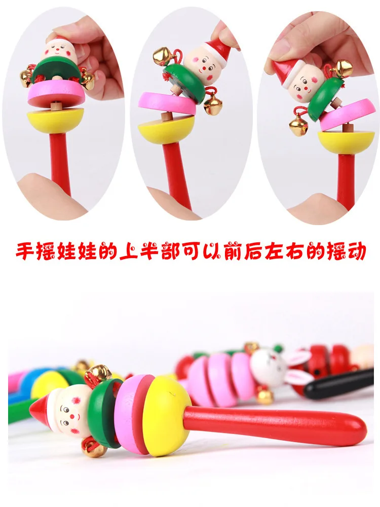 Wooden Cartoon Animal Baby Hand-cranking Bell Children Hand-cranking chuan ling Rattle Orff Beat Musical Instrument Toy