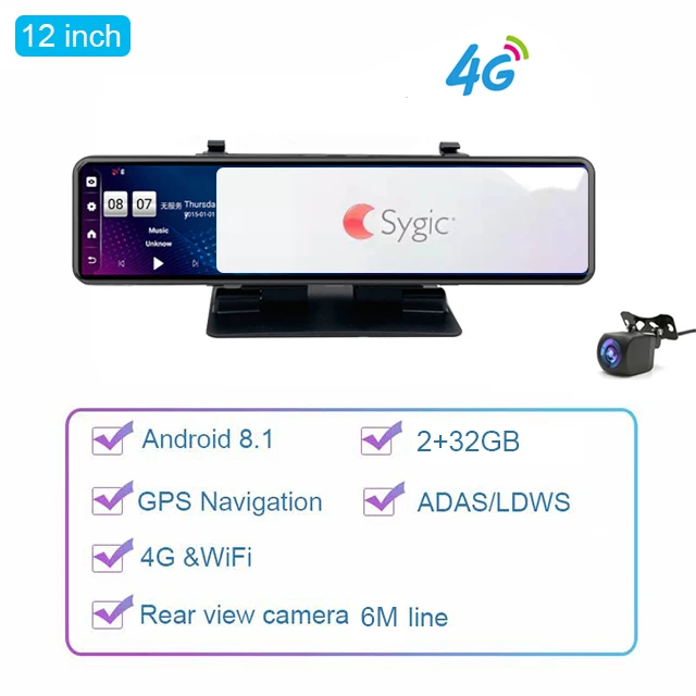 truck gps 4G Car Rearview Mirror DVR Dash Camera 12" Touch Square Screen ADAS GPS Navigator Video Recorder Night Vision 2+32GB Android 8.1 off road gps Vehicle GPS Systems