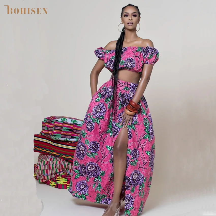 BOHISEN Dashiki African Dresses For Women Bazin Clothing Suits Short Sleeve African Women Clothes With Scraf Floral Print