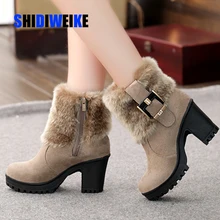 Женская зимняя обувь на квадратном каблуке; классические теплые зимние женские ботинки на меху с пряжкой; Черные ботильоны на платформе и высоком каблуке; Ботинки женские; g907