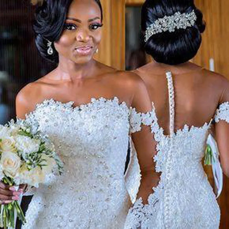 

Mermaid Wedding Dress Long Sleeves Lace Appliques Rhinestone Sheer O-Neck African Wedding Gowns Vestido De Noiva Sereia