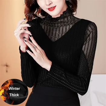 

Autumn Winter Thick Undershirt Turtleneck Lace Pullover Women Long Sleeve Glitter Mesh Blouses Tops Plus Size 4XL Blusa Mujer