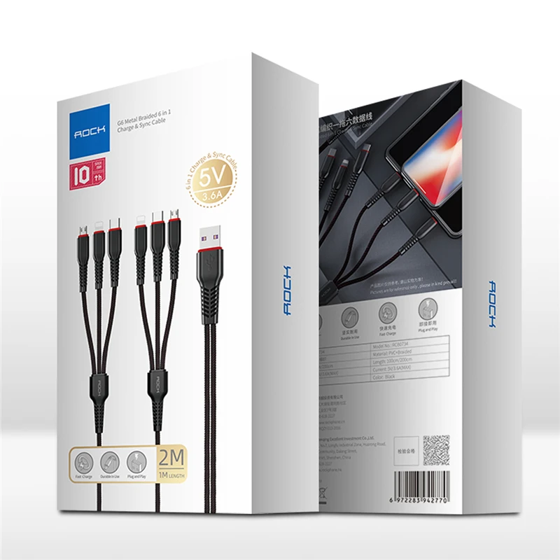 ROCK 6 в 1 USB кабель для зарядки iPhone Lightning Плетеный проводной с микро-usb type C Быстрая зарядка провод для Samsung Xiaomi 8 htc