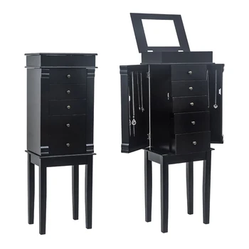 

Standing Jewelry Cabinet with Mirror 5 Drawers 8 Necklace Hook Top Storage Case 2 Side Swing Door Durable Black/Grey[US-Stock]