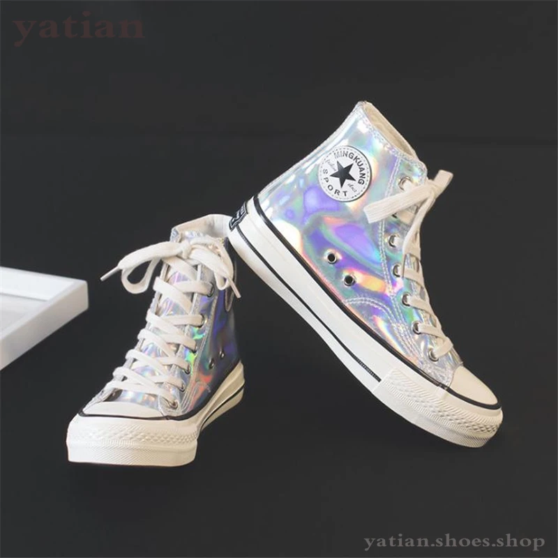 

white Women sneakers Canvas Shoes girl Reflective color High Top Flats Women Vulcanized Shoes Female Casual Shoes G-23