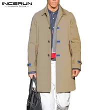 INCERUN, модный Мужской плащ, длинный рукав, с отворотом, одноцветная ветровка, однобортная, повседневная верхняя одежда, британский стиль