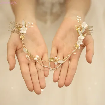 

Delicate Porcelain Flower Long Comb Wedding Jewelry Pearls Women Headpiece Rhinestone Bridal Hair Vine Crown
