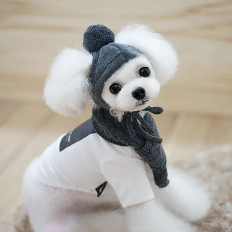 Набор зимних вязальных шапок и шарфов для домашних животных, однотонный теплый костюм для шеи в холодную погоду, милые комплекты для собак