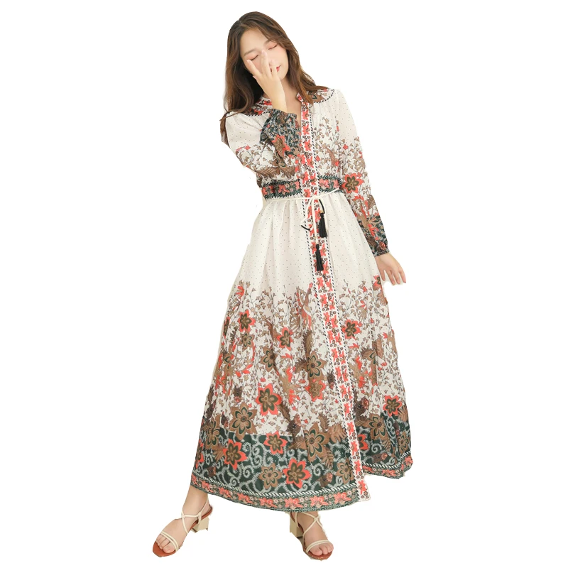 Make the European and American wind accept waist dress qiu dong printing v-neck dress speed sell through foreign trade long slee