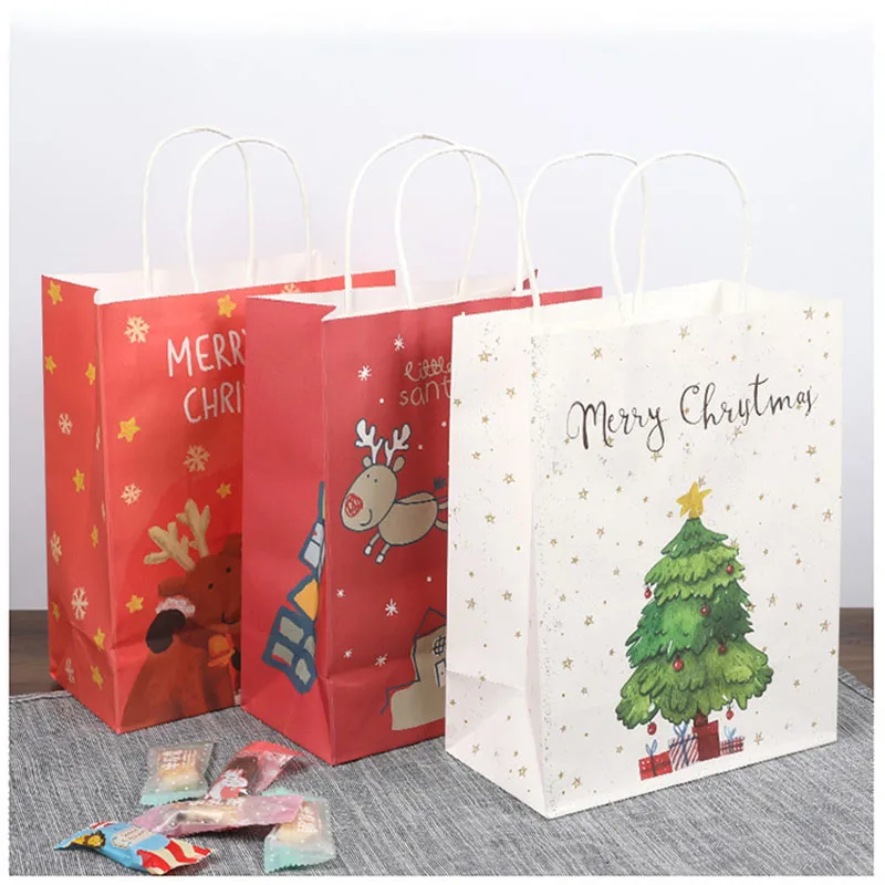 10pcs Christmas Paper Gift Bags Cute Shopping Bags With Handle Xmas Elk Snowflake Cookie Biscuit Candy Gift Packaging Bags