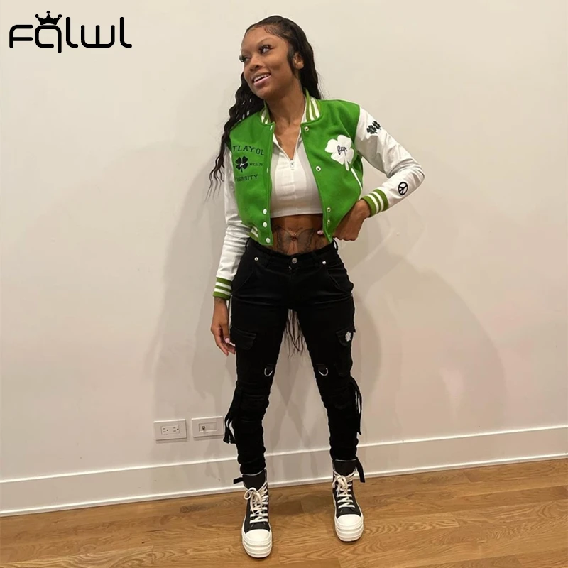 Fqlwl Cropped Basketball Jacket Women Coat Pathwork Bomber Jacket