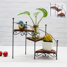 Ретро декоративные железные завод стойки растения сочные полка 3 слоя лестница для рабочего стола, Садовый цветок стенд с деревянная дощечка