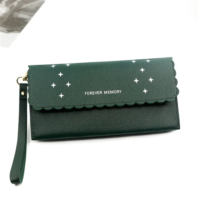Big Capacity Thin Strap Envelop Design Carteira Gifts Star Pattern Metal Accessories Long Wallet for Woman Shopping Pocket Bag Green