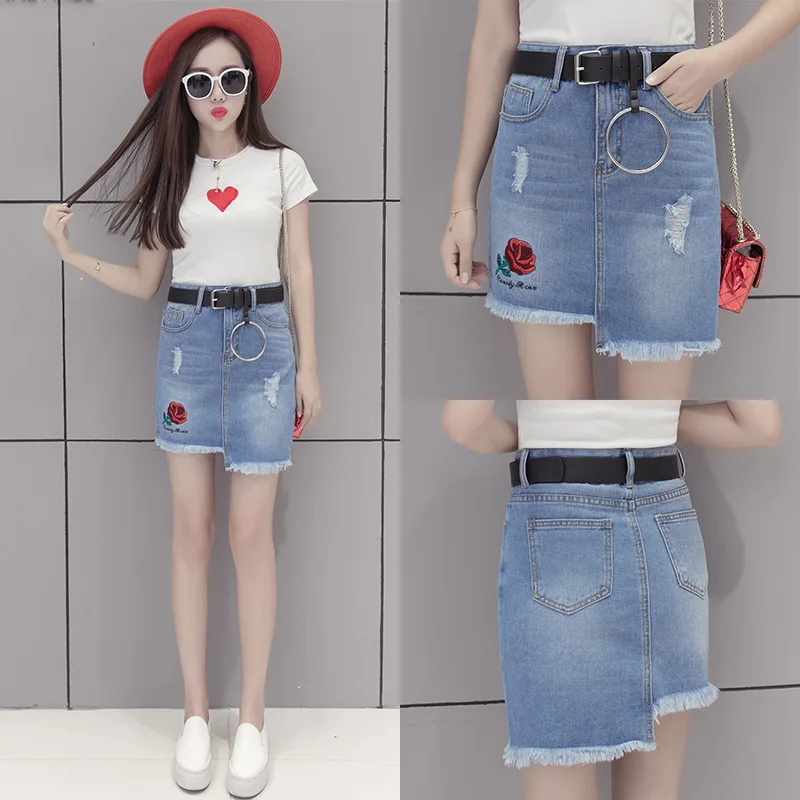 

Photo Shoot 2019 Korean-style Versatile High-waisted Embroidered Rose Belt Irregular Sheath A- line Skirt Denim Skirt Women's