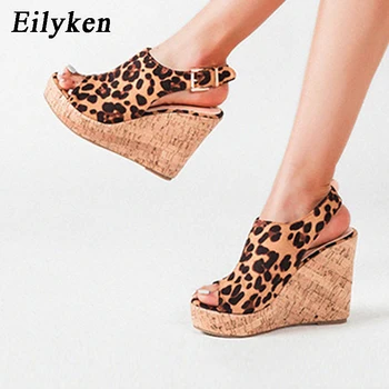 

Eilyken Woman Shoes High Heels Sexy Leopard Grain Thick Bottom Peep Toe Ladies Ankle Buckle Strap Platform Wedge Sandale Femme