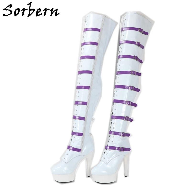 

Sorbern 15Cm High Heel White Boots Women Customized Long Mid Thigh High Boot Lady Stripper Heels Lace Up Slim Fit Wide Fit Boot