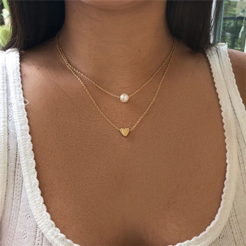 New Bohemia Simple Fashion Imitation Pearl Love Heart Double Layer Clavicle Chain Necklace Accessories Female Wedding Jewelry | Украшения и