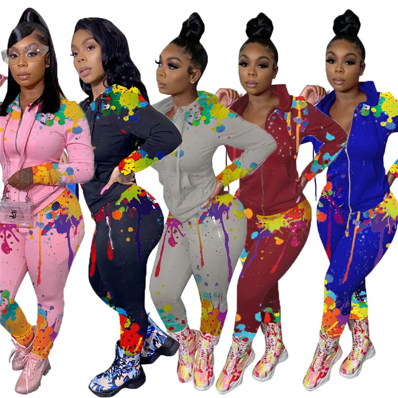 

BJYL 2020 New Women Splash Ink Printed Zipper Two Piece Set Tracksuit Long Sleeve Hooded Sweatshirts Pencil Pants Sportswear