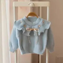 Осенне-зимний свитер, одежда для девочек, милая трикотажная одежда с цветочным рисунком пулловер для принцессы с длинными рукавами, детская верхняя одежда, трикотаж для девочек