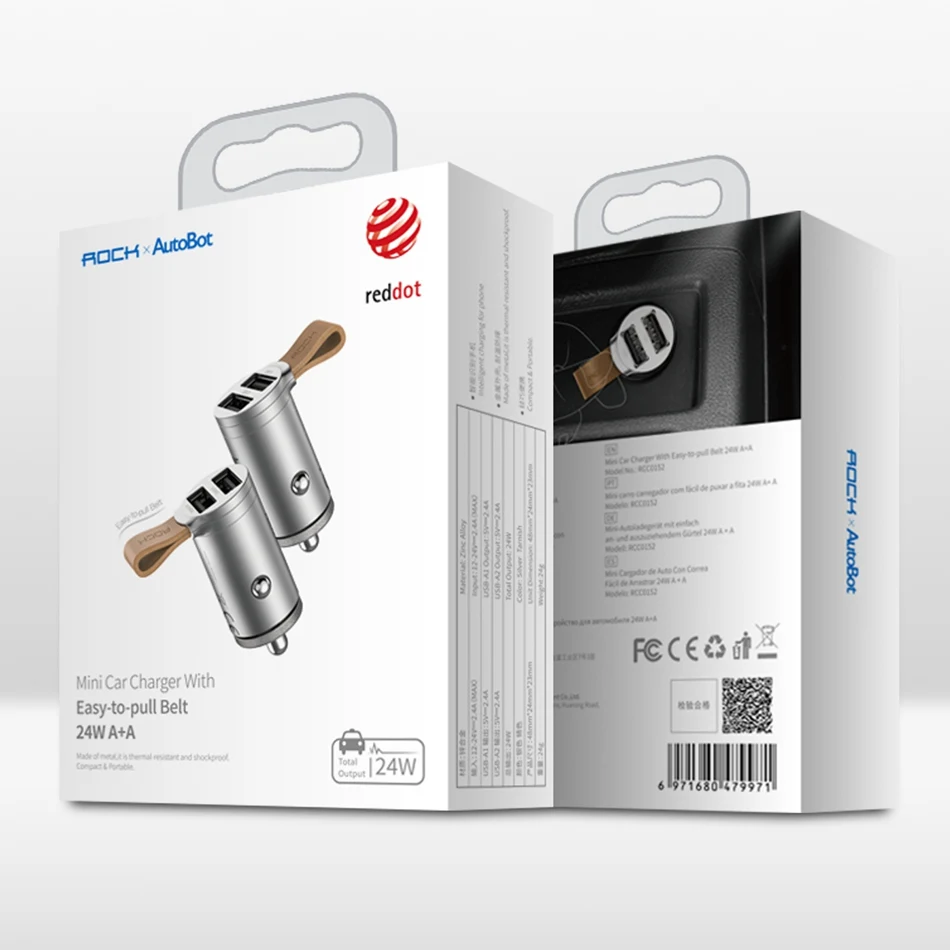Автомобильное зарядное устройство ROCK 24 Вт Mini 2 USB для iPhone Xiaomi с двумя портами, автомобильное зарядное устройство USB 2.4A, быстрая зарядка для мобильных телефонов